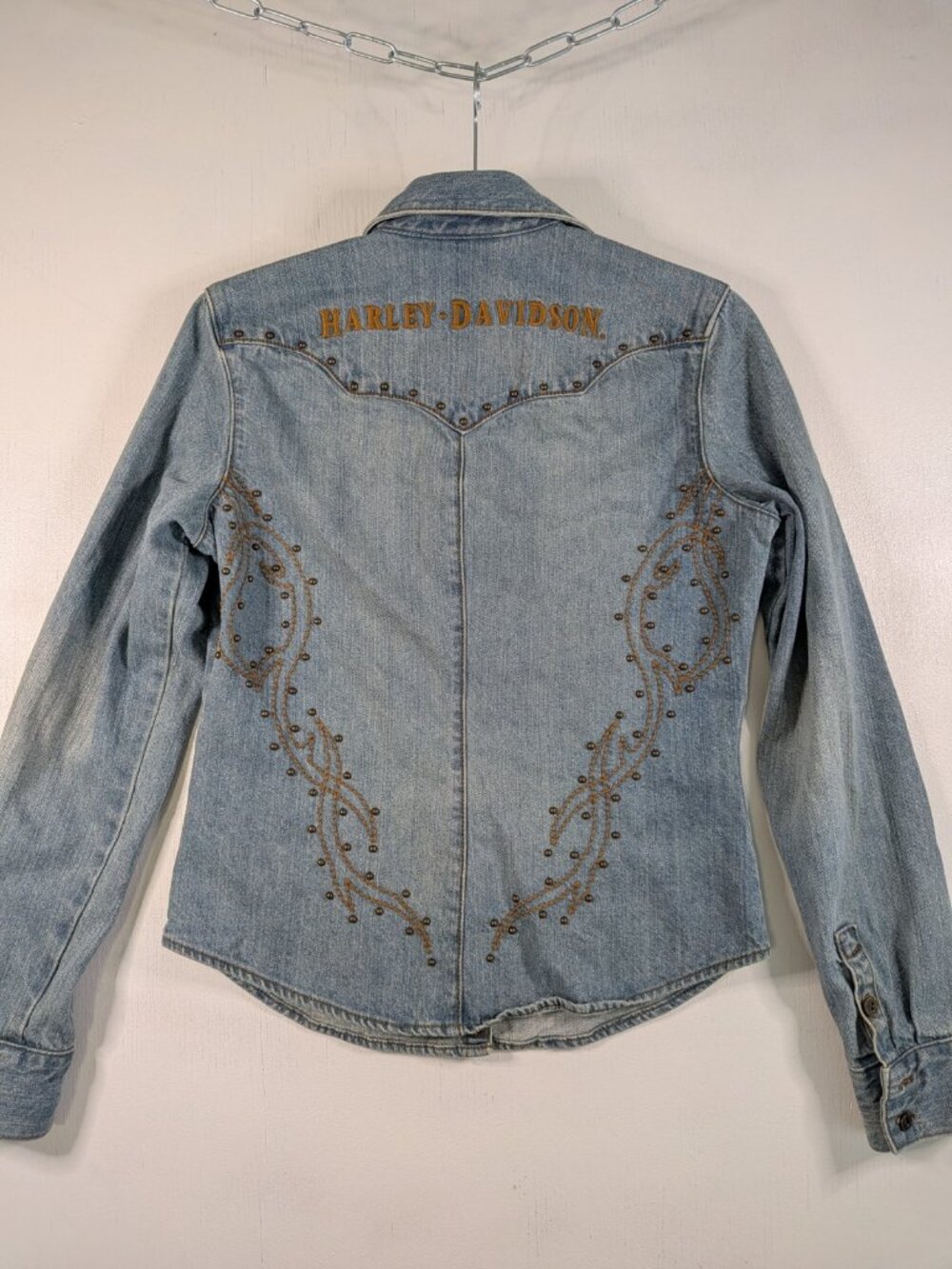 Harley Davidson Womens Denim Shirt S Studded Embroidered Western Button Front